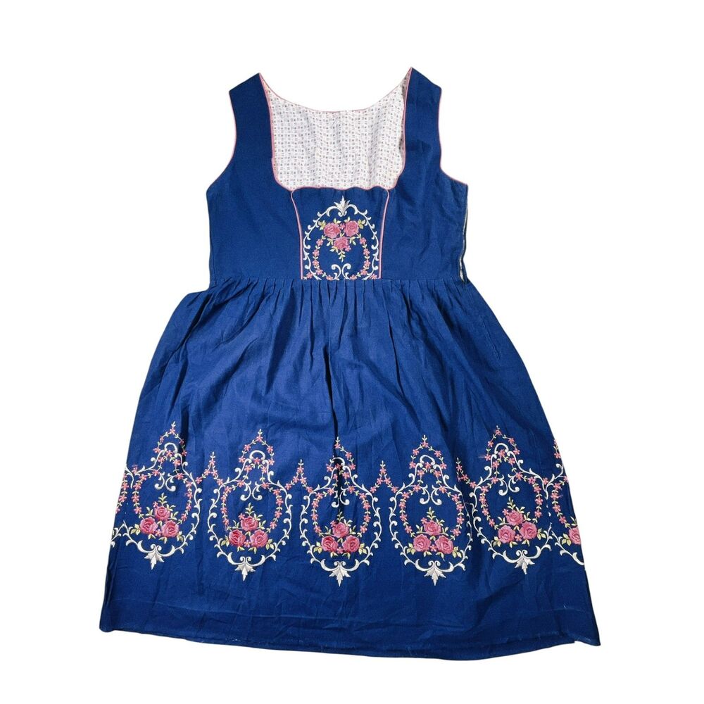 Vintage Women's Reine Folk Revival Dress Embroidered Prairie Blue Cotton